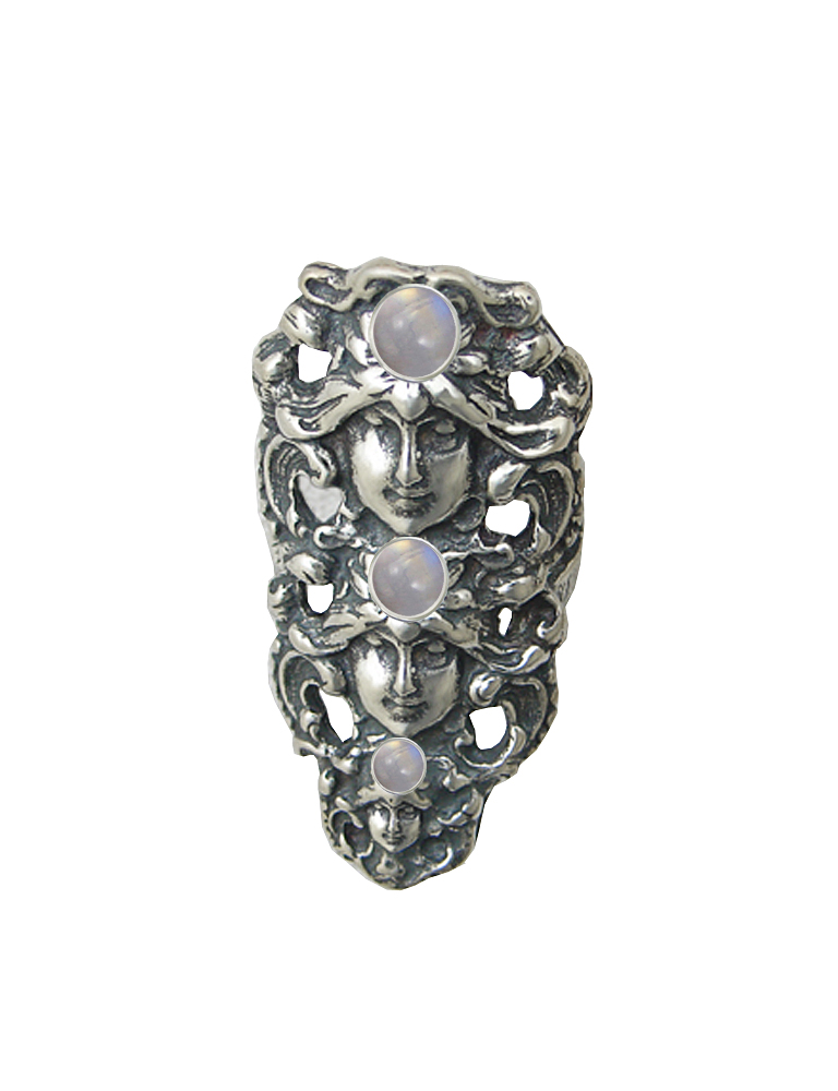 Sterling Silver Triple Goddess Ring With Rainbow Moonstone Size 12